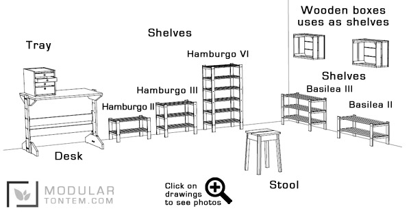 Modular furniture, tray, desk, boxes, shelves Basilea, Hamburgo, stools