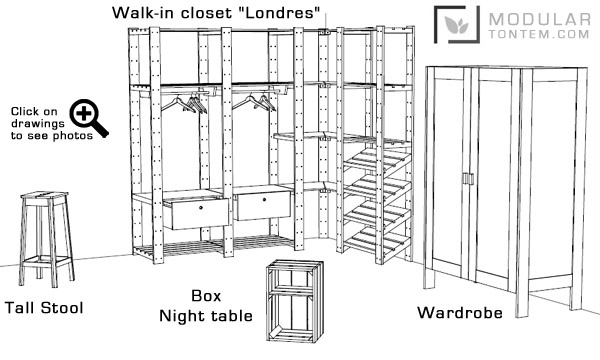 Modular furniture, stools, walk-in closet, wardrobe, night table