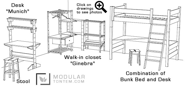 Modular furniture, stools, desk, chair, mezzanine, bunk bed