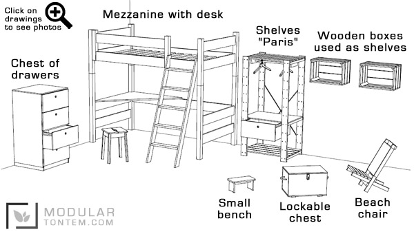 Modular furniture, chest with drawers, mezzanine, shelves Paris, bunk bed, lockable chest