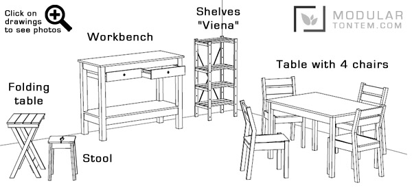 Modular furniture, foldable table, workbench, table, chairs, shelves Viena
